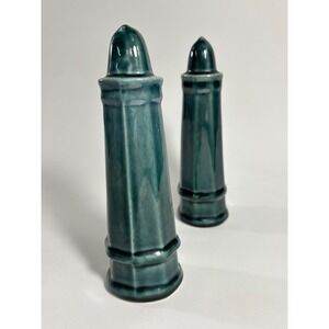 Clover Vintage Teal Ceramic Salt and Pepper Shakers Tall Tapered Lighthouse Set